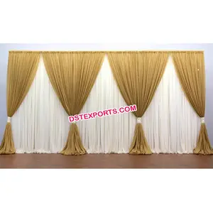 White & Golden Wedding Mandap Backdrop Wedding Pleated Mandap Backdrop Wedding Stage <b>Embroidered</b> Backdrop <b>Curtains</b> - Product Image 1