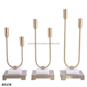 Twee Pijler Kaars Houder Golden Plated Tall Floor Aluminium Kaars Stand Met Marmer Bottom Set Van 3