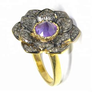 925 Sterling Silver Pave Diamond Amethyst Floral <b>Ring</b> Jewelry <b>Fashionable</b> <b>Ring</b> For Wedding Engagement or Anniversary For Women. - Product Image 2