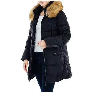 Piumino da donna con collo di Pelliccia Cappuccio Assetto/Inverno Con Cappuccio Zip Up Giacca Lunga Outwear Puffer Cappotto Lungo