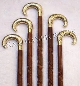 真ちゅう製の曲がった丸いハンドル杖、手彫りの杖、アンティークの杖と杖