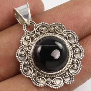 Pendentif solitaire en argent sterling pur 925 de style vintage pierre précieuse de réglage de lunette ronde en ONYX noir naturel pour femmes