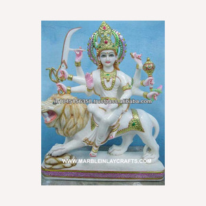 Makrana – Statue blanche en marbre Durga peinte en exclusivité Murti indien, Statue de culte de la Culture indienne, faite à la main de haute qualité - Product Image 1