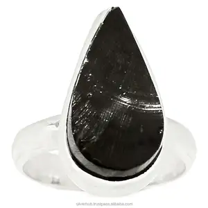 Shungite Zilveren Statement Ring Peervorm Zwarte Steen Massief Zilveren Ring Handgemaakte Sieraden 925 Sterling Zilveren Shungite Ring