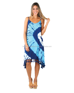 ชุดเดรสชายหาดผ้าเรยอนสำหรับผู้หญิง,ชุดเดรสสปาเกตตี้ย้อมสีพร้อมพู่ - Product Image 1