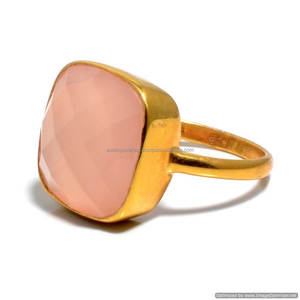 Bague en argent sterling 925 calcédoine rose pierre précieuse faite à la main en or vermeil pour fête de mariage ou anniversaire - Product Image 1