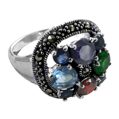 Кольцо из серебра 925 пробы с цветными драгоценными камнями в античном стиле