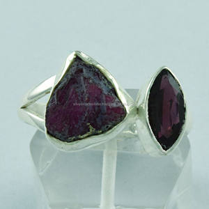 แหวนเครื่องประดับอัญมณีเงินสเตอร์ลิง925แฟนซีหินทับทิมและโกเมนแบบหยาบ - Product Image 1