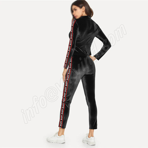 Ensemble de deux pièces en velours pour femmes, bandes, lettrage personnalisés, haut pantalon pour femmes, vêtements de sport décontractés à manches longues, col montant, slim, printemps automne - Product Image 4