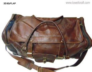 Lowellcraft Vintage <b>Large</b> Genuine Leather <b>Holdall</b> Duffle 28" Square Shape 3655L Zipper Closure Travel Bag - Product Image 5