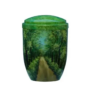 Forest Avenue Hand Painted Cremation Urn White Metal Silver/Gold Plated Traditional Kamal Bowl