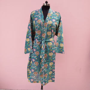 High Quality Cotton Block Printing Fabric Kimono With Wrap Design Belt Tie Waist Long Sleeve Bathrobe Lounge <b>Spa</b> Women Clothing - Product Image 1