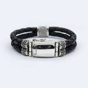Handmade Sterling Silver 925 Genuine Leather Men's Fashion Jewelry Bracelet-Customizable Size Perfect Gift - Product Image 1
