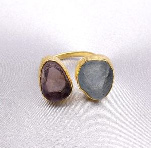 Aquamarine & Amethyst Raw Gemstone <b>Ring</b>, Textured Design <b>Ring</b>, Gold Plated Adjustable Fashion <b>Ring</b> Jewelry - Product Image 1