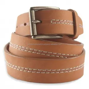 Tan color stylish handmade men's fashion leather casual belt with double stitching in between & solid brass single pin buckle
