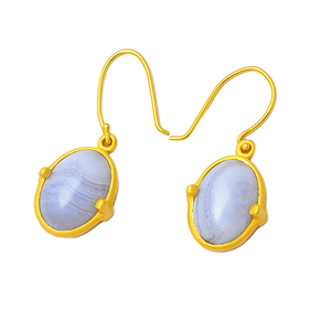 Pendientes colgantes de plata de ley 925 con piedras preciosas de ágata de encaje azul Estilo vintage Forma ovalada chapada en oro para fiestas de bodas - Product Image 1