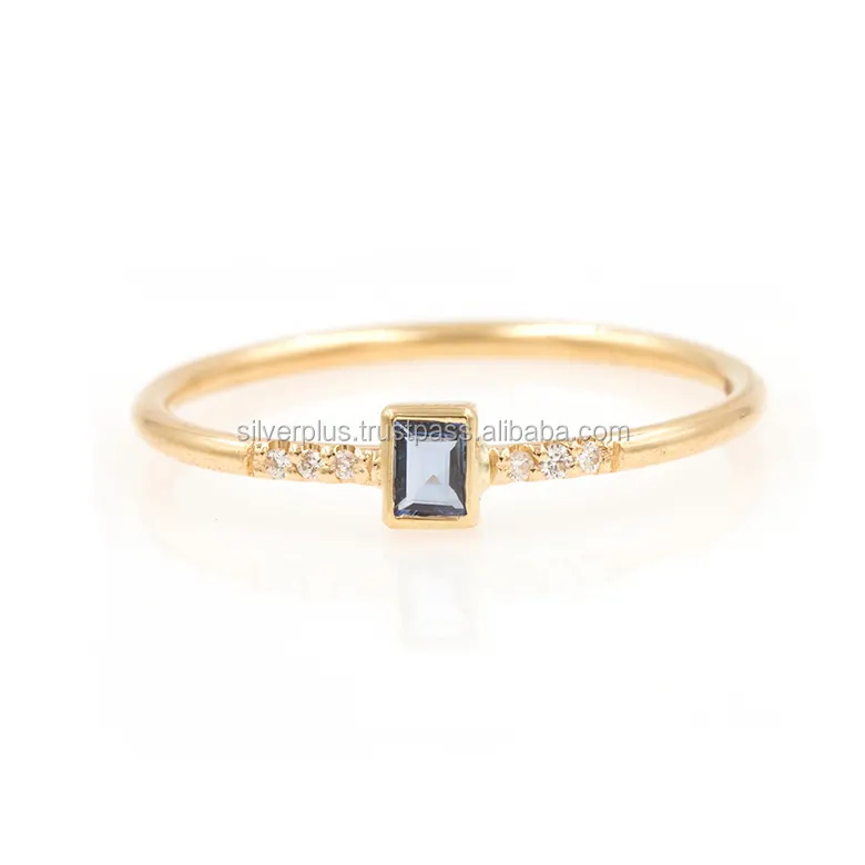 Bague en topaze bleu londonaze et pavé de diamants couleur or jaune, empilable, bijoux fait à la main, minimalistes, vente en gros, 14K