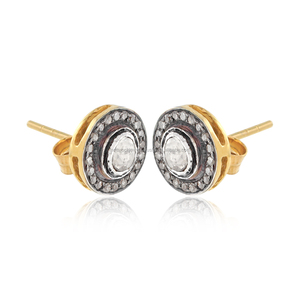 Pendientes de botón de plata 925 oxidada con diamante Polki natural, vermeil amarillo, 10 mm, cierre a presión, joyería fina - Product Image 2