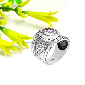 Piedra preciosa de amatista de forma redonda, anillo de moda chapado en rodio de Plata de Ley 925 para regalo de boda, fiesta para mujer. - Product Image 1