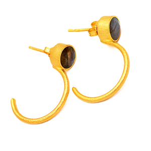 Boucles d'oreilles clous en argent 925 plaqué or, pierre précieuse en quartz fumé taille ronde, fabrication artisanale, bijoux tendance pour femmes - Product Image 2
