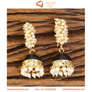 Jhumki in — bijoux plaqué or, petites perles, imitation, noir, 8465 - Product Image 1
