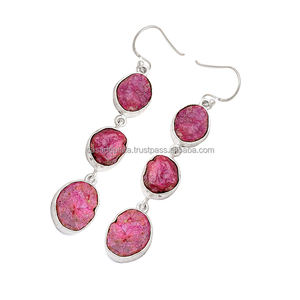 Genuine Ruby Rough Raw Material Gemstone925 Sterling Silver Handcrafted Dangle <b>Earring</b> Gold Plated Jewelry Wholesale Manufacture - Product Image 1