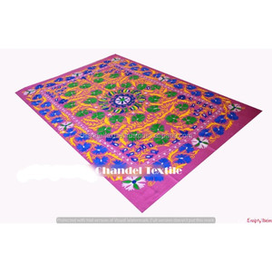 Indian Suzani Embroidery Bedspread Ethnic Art Cotton Bed Sheet Pillow Cover <b>Duvet</b> with Uzbek Design Handmade Embroidered Blanket - Product Image 1