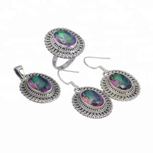 Anillo de Plata de Ley 925 con gema de cuarzo místico, conjunto de colgante para mujer, conjuntos de plata de boda, joyería de plata - Product Image 1