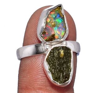 Anillo de Plata de Ley 925 con gema rugosa de moldavita y ópalo etíope, piedra curativa Natural de moldavita checa - Product Image 1