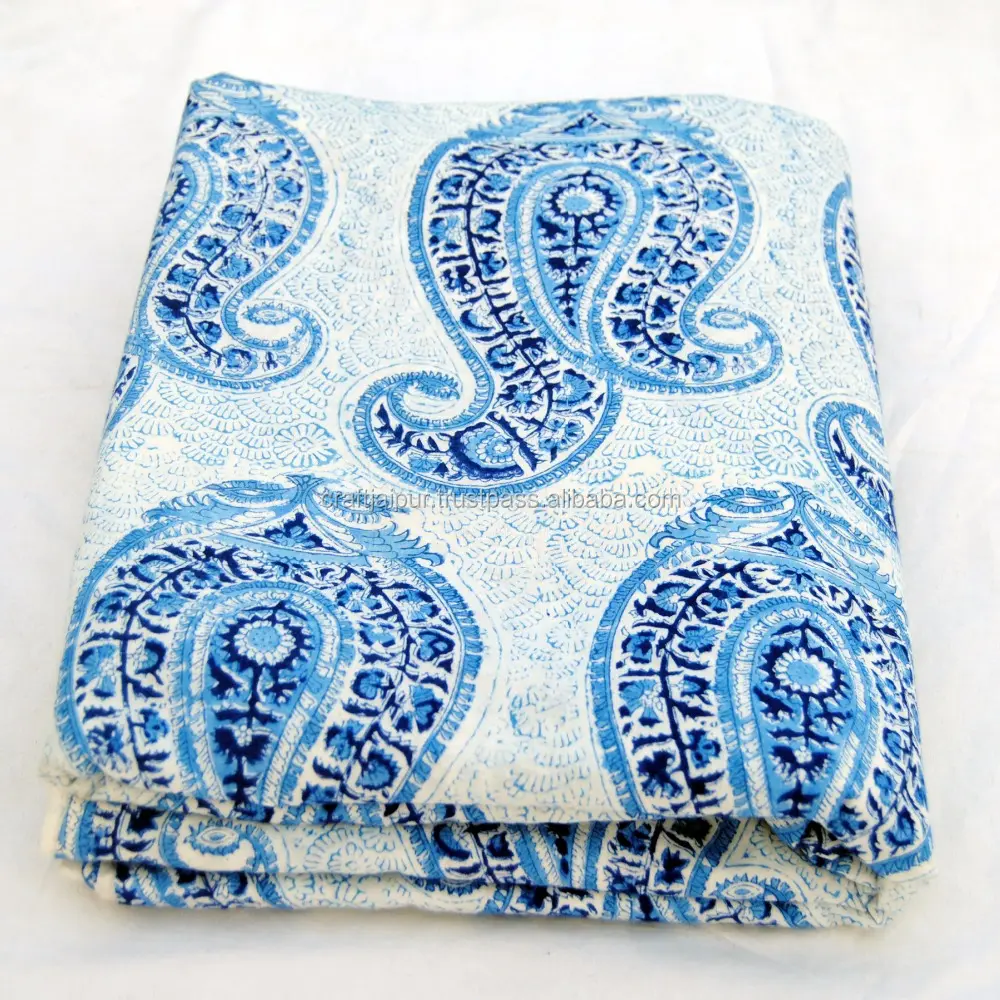 Blauw Paisley Gedrukt Mooie Indische Katoen Groothandel Stof