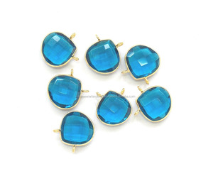 Blue Quartz Gemstone Jewelry Findings Gold Plated <b>Heart</b> Shape Double Bail Faceted Handmade Bezel Connector Jewelry Components - Product Image 2