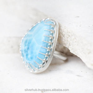 Natural Sterling Silver <b>Ring</b> Larimar Dominican Republic <b>Large</b> Gemstone Silver <b>Ring</b> Handmade Gemstone 925 Sterling Silver <b>Ring</b> - Product Image 1