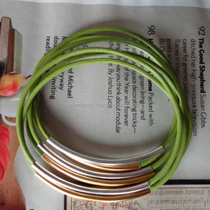 Beautifully Handmade Bangles Bangle <b>Bracelets</b> Genuine <b>Leather</b> FERN Color with GOLD and Silver Tubes - Product Image 1