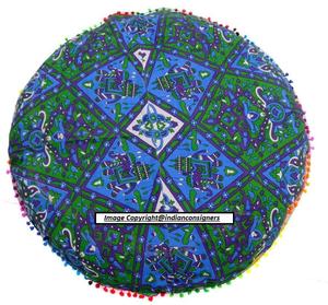 Elefante Mandala Impreso Verde Forma Redonda Algodón Piso Funda de Cojín Estampado Animal Puff Multiusos Por Consignadores Indios - Product Image 3