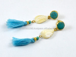 Pendientes bohemios de piedras preciosas blancas azul turquesa chapado en oro de 14K para fiesta de boda o compromiso - Product Image 2