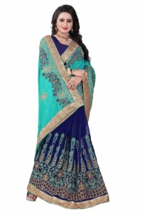 Demi-demi-concept brodé en soie Saree avec chemisier Bleu Femmes Adultes Inde & Pakistan Soutien Fête Festival Occasion spéciale Apparelgarment - Product Image 3