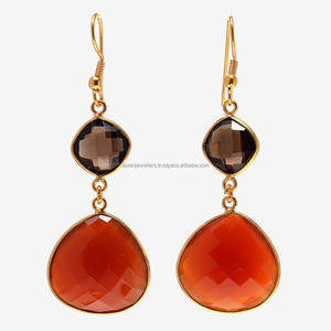 Pendientes colgantes de Plata de Ley 925, Gema de cuarzo ahumado, cornalina, oro, Vermeil - Product Image 1