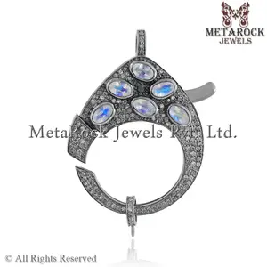 Bezel Set Rainbow Moonstone Double Sided Pave Set Diamonds 925 Sterling Silver Handmade Clasp Finding Jewelry Supplier Metarock