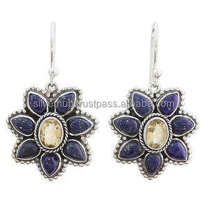 925ต่างหูเงินสเตอร์ลิงสีเงินแท้กรอบการตั้งค่าธรรมชาติ Citrine & Lapis Lazuli ต่างหูสไตล์ลูกแพร์หิน - Product Image 1