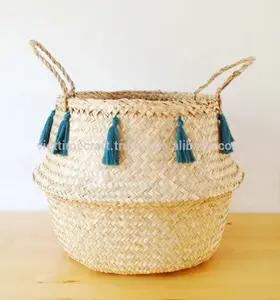 Tassel Sea Grass Belly Basket Teal Blue Panier Boule Bag Storage Nursery Bag Toy Plant