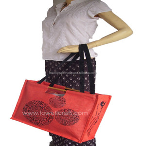 Orange Non-Woven Jute Shopping <b>Bag</b> with Bohemian Pattern Zipper Closure From Delhi by Lowellcraft.com - Product Image 4
