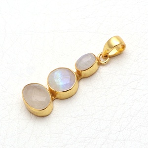 สีรุ้งธรรมชาติพลอยมูนสโตนรูปไข่/ทรงกลมจี้ยาวเครื่องประดับชุบทอง - Product Image 2