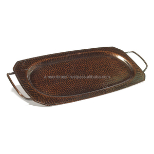 <b>Round</b> Shaped Hammered Metal Pure Copper <b>Serving</b> <b>Tray</b> with Sided Handle - Product Image 3