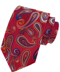 最新红色佩斯利聚酯男士领带匹配衬衫