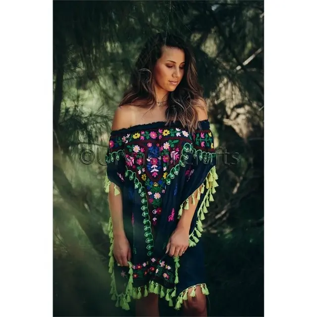 Hot Selling Mexicaanse Hand Borduren Off Shoulder Resort Tuniek Met Kant Trim Retro Stijl Boho Tuniek, mexicaanse Tuniek/Kaftan Jurk