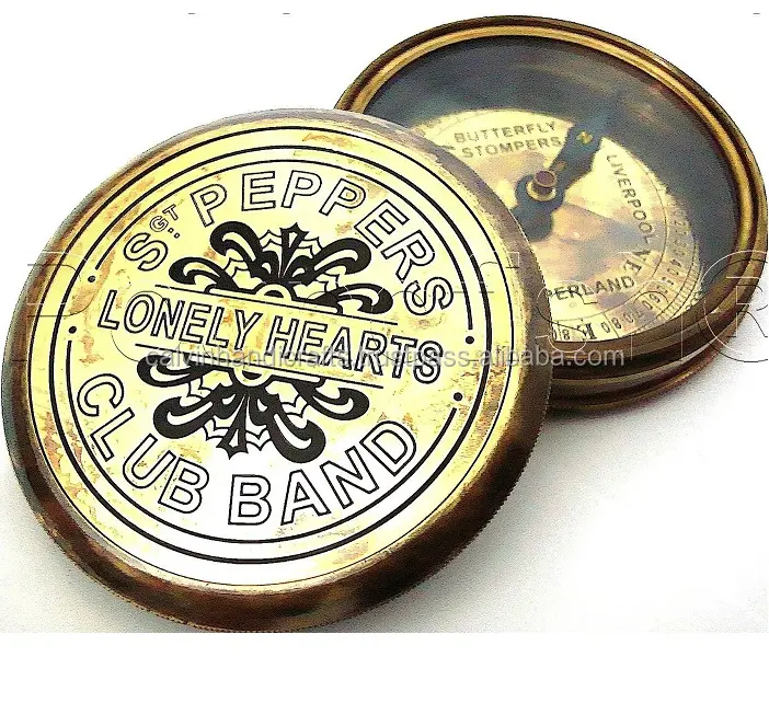 Solid Brass Engraved Golden Antique" PEPPERS LONELY HEARTS CLUB BAND "Collectable Compass Nautical Gift Items CHCOM543