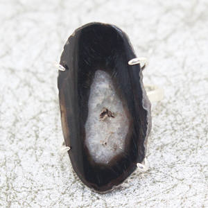 Natural <b>Black</b> Agate Slice Earring Prong Setting Silver Plated Adjustable <b>Ring</b> Boho <b>Mens</b> Wedding & Engagement <b>Ring</b> - Product Image 1