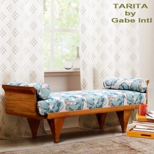 Solid Teak Wood Vintage Contemporary Style Three Seat Daybed Bench Living Room <b>Sofa</b> with Fabric Upholstery - Product Image 2
