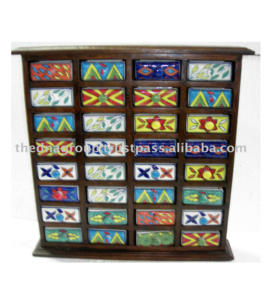 Gabinetes de almacenamiento antiguos hechos a mano indios Cajones de gabinete de cocina de madera con patrones pintados Caja de regalo de negocios pulida - Product Image 2