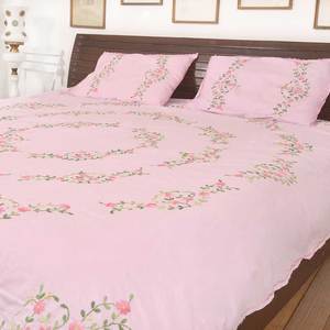 Draps de lit 100% coton brodé à la main, coton, rose, motifs floraux, pétales indiens, vert, avec deux housses d'oreiller, linge de lit - Product Image 2